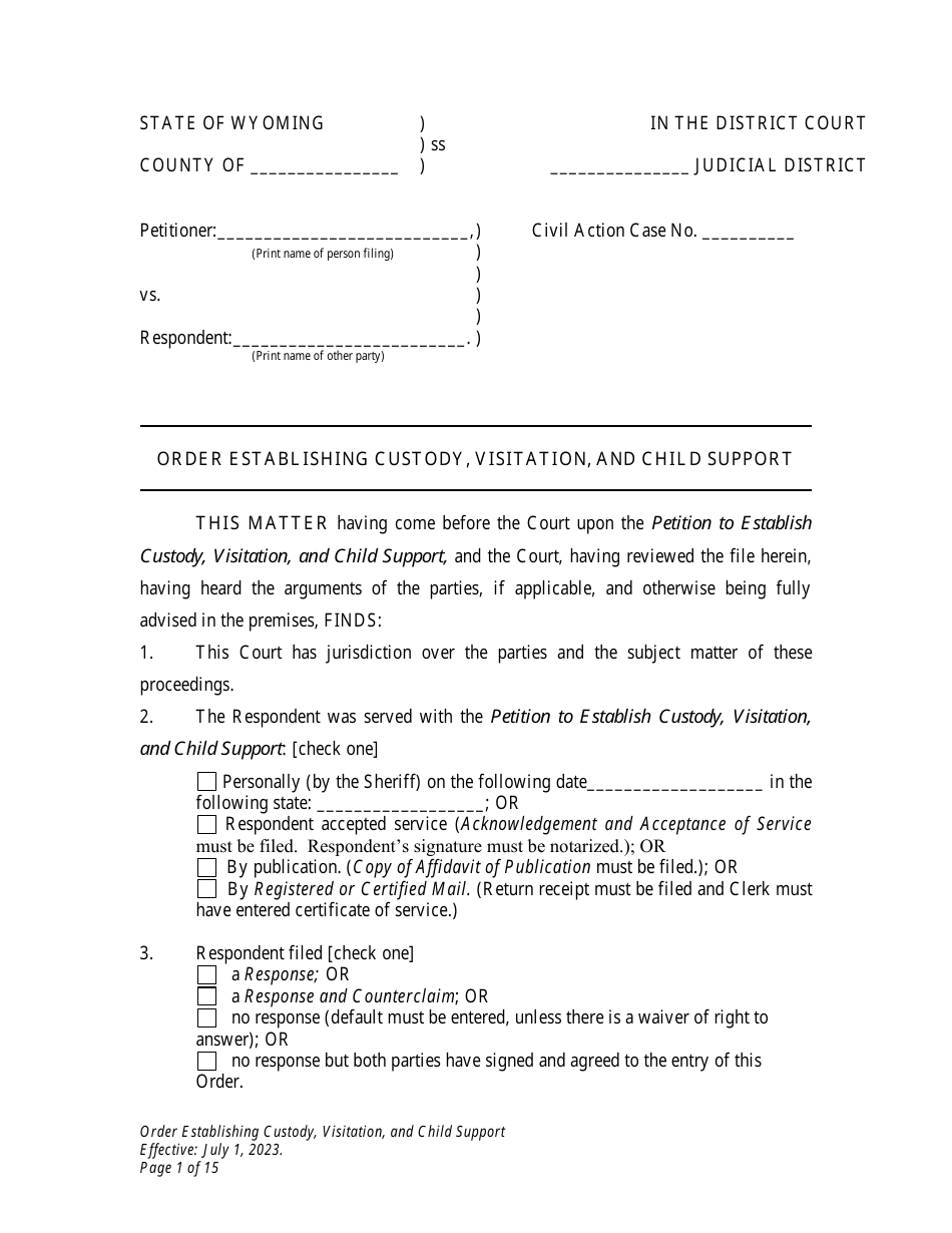 Wyoming Order Establishing Custody, Visitation, and Child Support