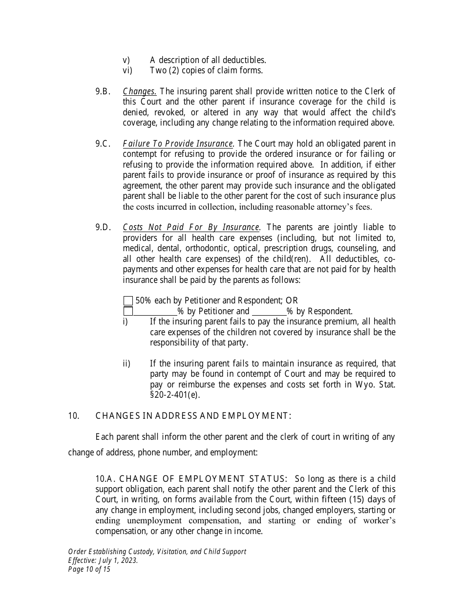 Order Establishing Custody, Visitation, and Child Support - Wyoming, Page 10