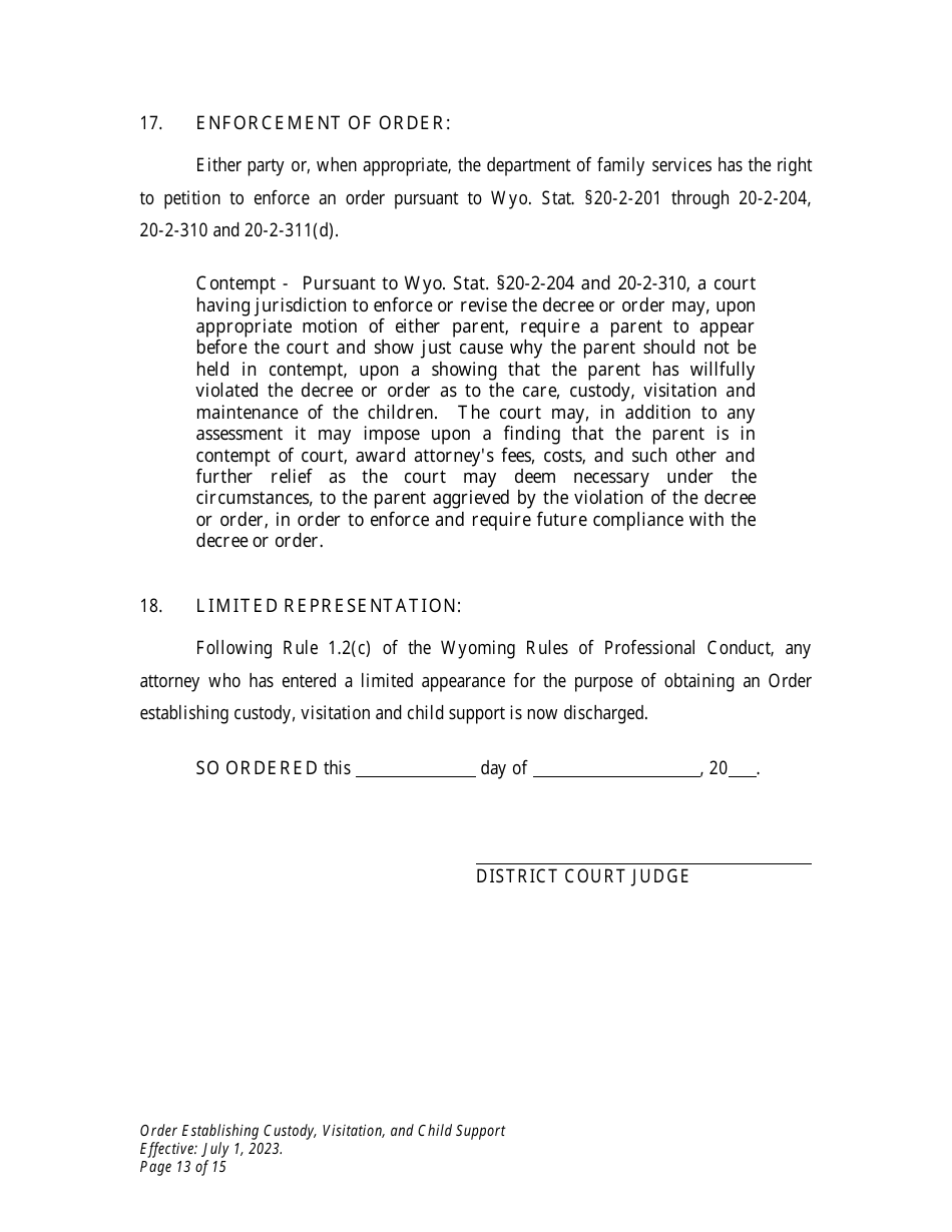 Order Establishing Custody, Visitation, and Child Support - Wyoming, Page 13