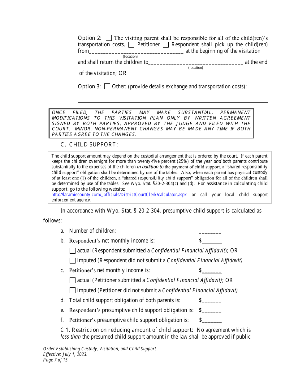 Order Establishing Custody, Visitation, and Child Support - Wyoming, Page 7