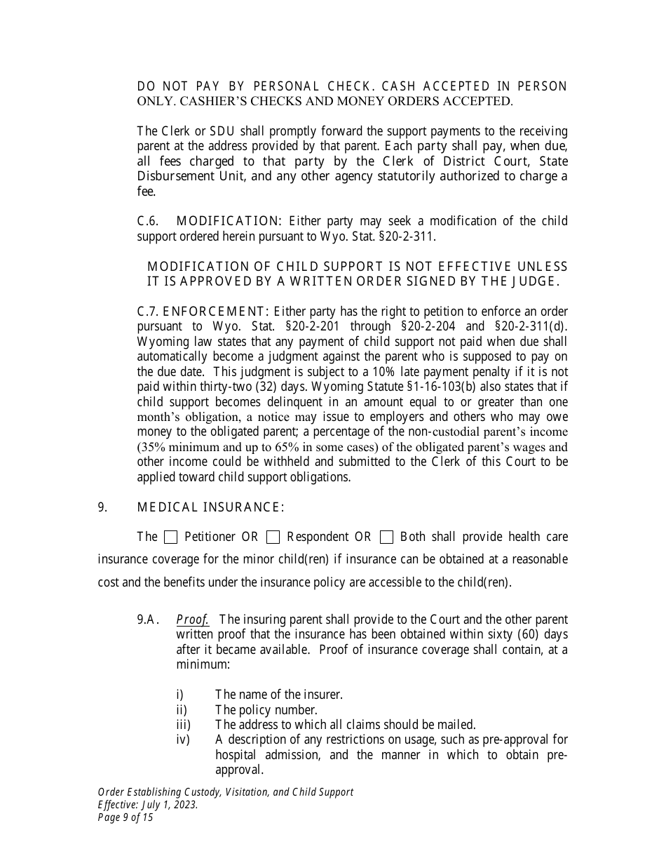 Order Establishing Custody, Visitation, and Child Support - Wyoming, Page 9