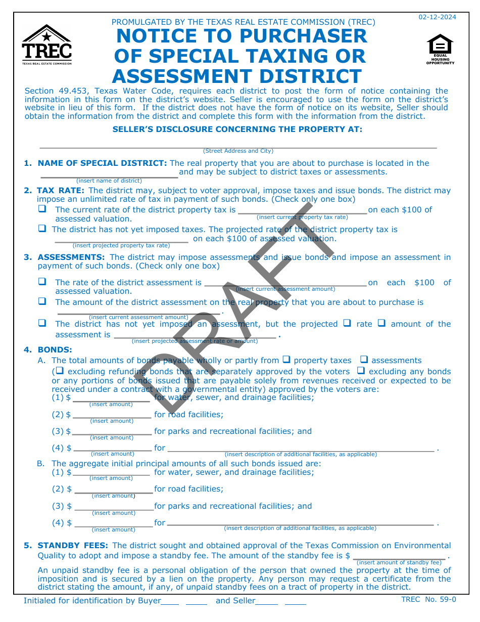 TREC Form 59-0 Notice to Purchaser of Special Taxing or Assessment District - Draft - Texas, Page 1