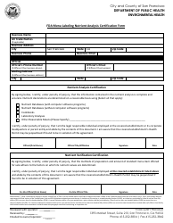 Document preview: FDA Menu Labeling Nutrient Analysis Certification Form - City and County of San Francisco, California