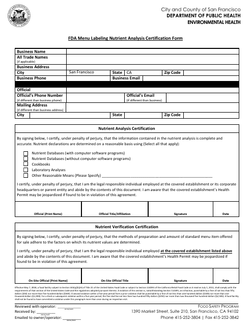 FDA Menu Labeling Nutrient Analysis Certification Form - City and County of San Francisco, California