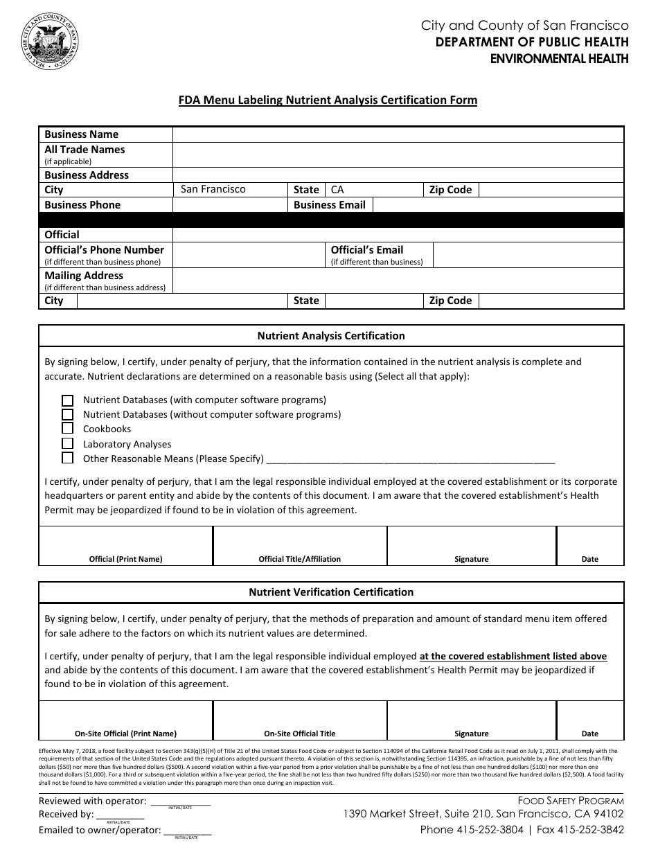 FDA Menu Labeling Nutrient Analysis Certification Form - City and County of San Francisco, California, Page 1