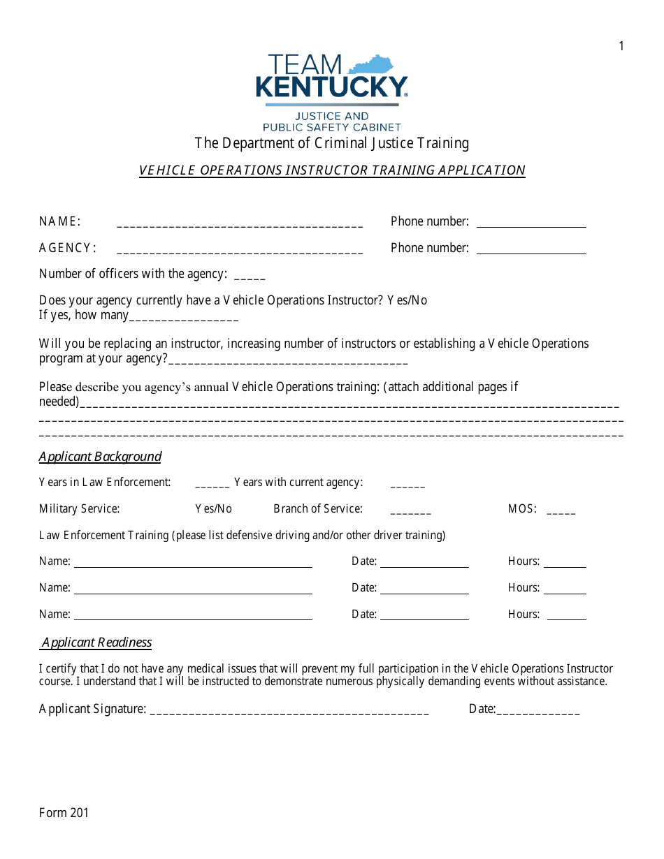 Form 201 Vehicle Operations Instructor Training Application - Kentucky, Page 1
