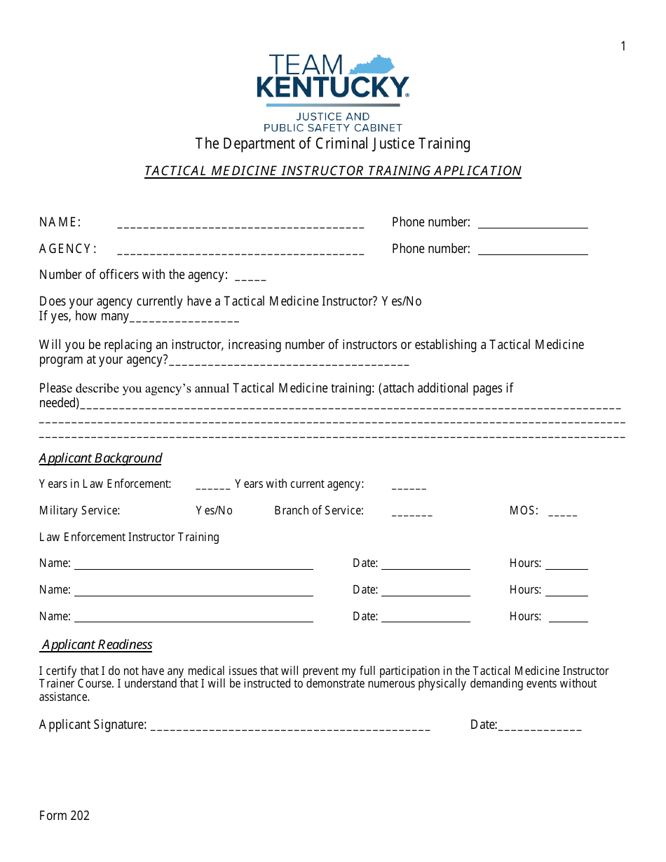 Form 202 Tactical Medicine Instructor Training Application - Kentucky, Page 1