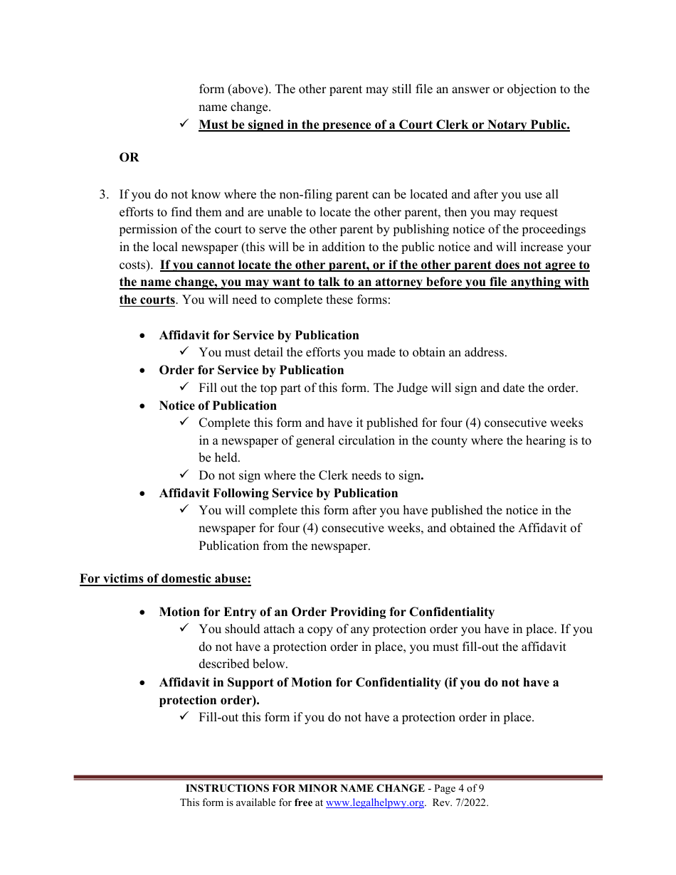 Instructions for Name Change - Minor Child - Wyoming, Page 4