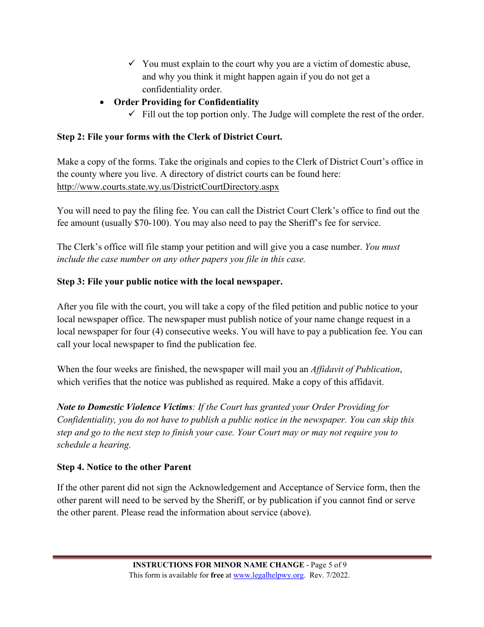 Instructions for Name Change - Minor Child - Wyoming, Page 5