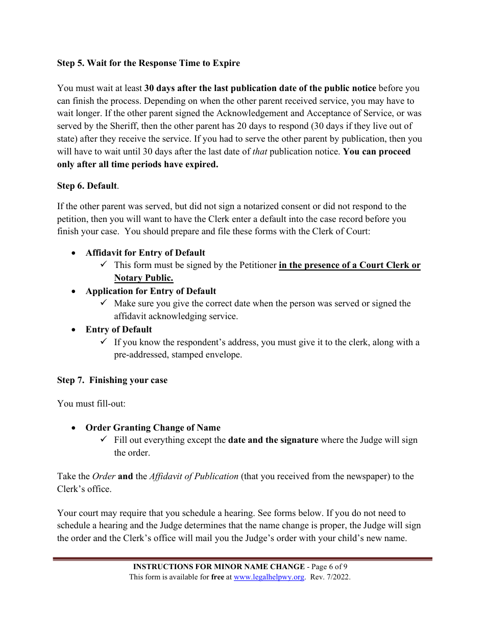 Instructions for Name Change - Minor Child - Wyoming, Page 6