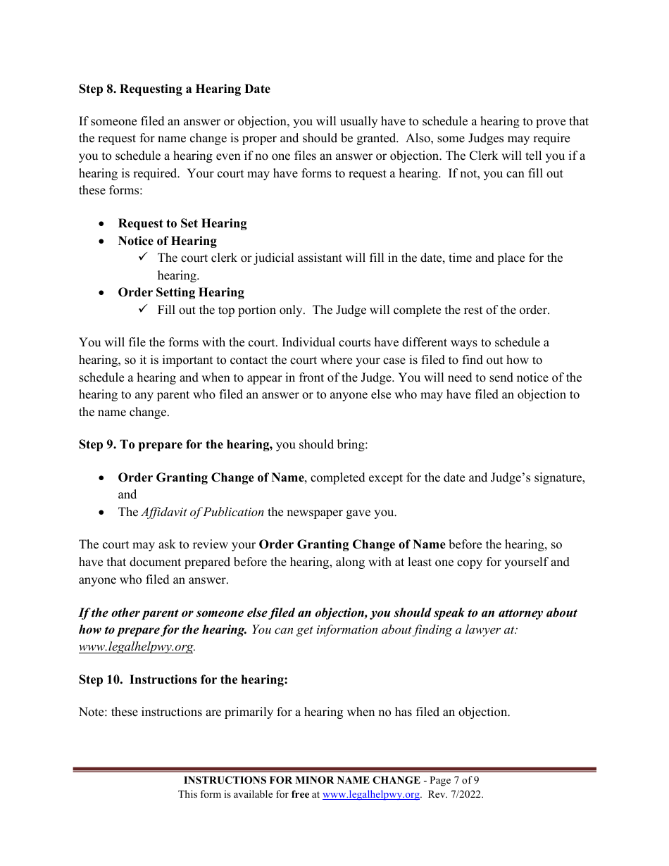 Instructions for Name Change - Minor Child - Wyoming, Page 7