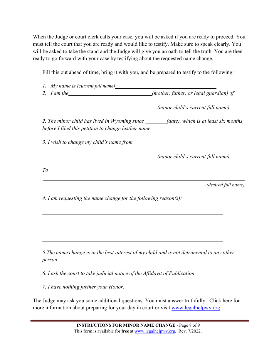 Instructions for Name Change - Minor Child - Wyoming, Page 8