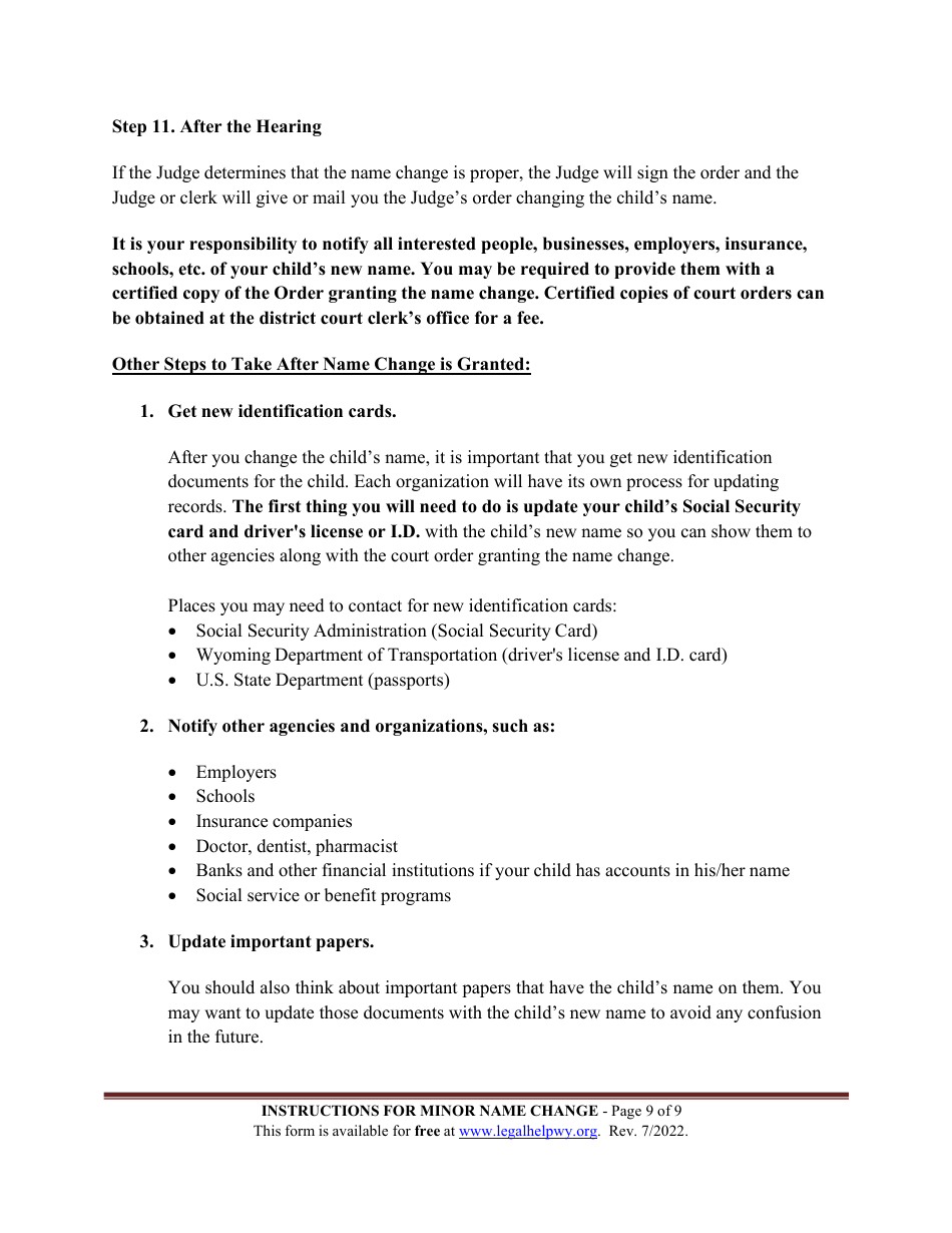 Instructions for Name Change - Minor Child - Wyoming, Page 9