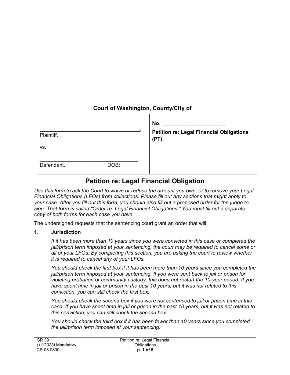Form CR08.0800 Petition Re: Legal Financial Obligation - Washington, Page 1