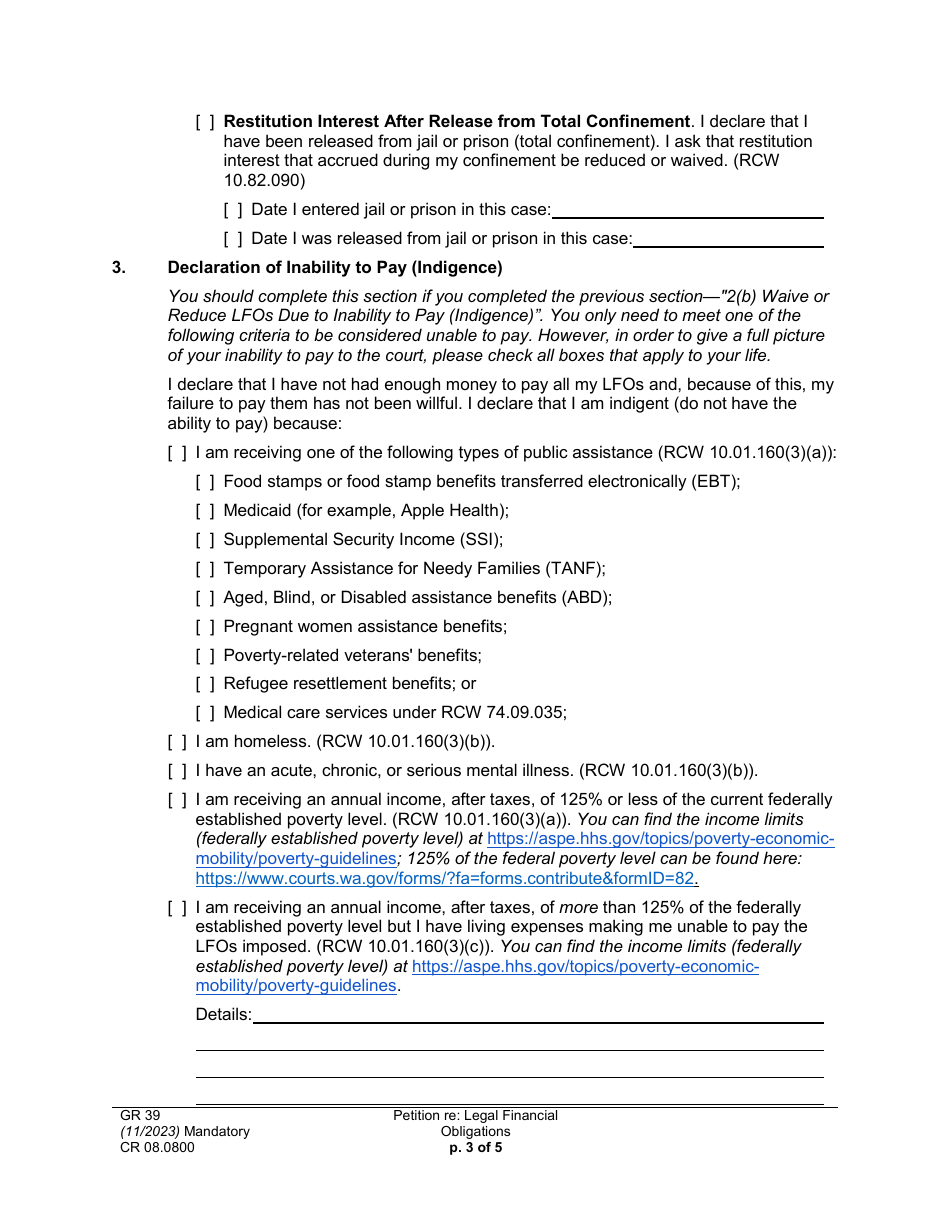 Form CR08.0800 Petition Re: Legal Financial Obligation - Washington, Page 3