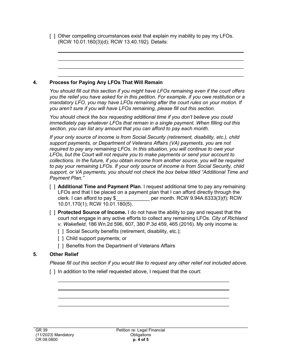 Form CR08.0800 Petition Re: Legal Financial Obligation - Washington, Page 4