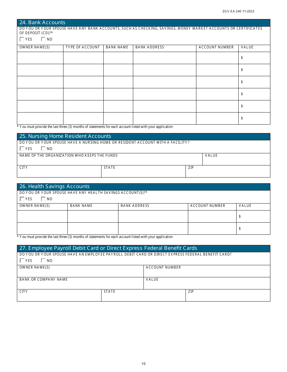 Form DSS-EA-240 Application for Resource Assessment, Long-Term Care, or Other Related Medical Assistance - South Dakota, Page 10