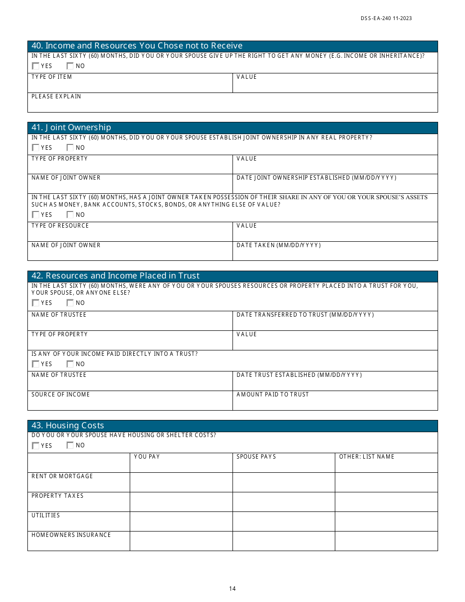 Form DSS-EA-240 Application for Resource Assessment, Long-Term Care, or Other Related Medical Assistance - South Dakota, Page 14