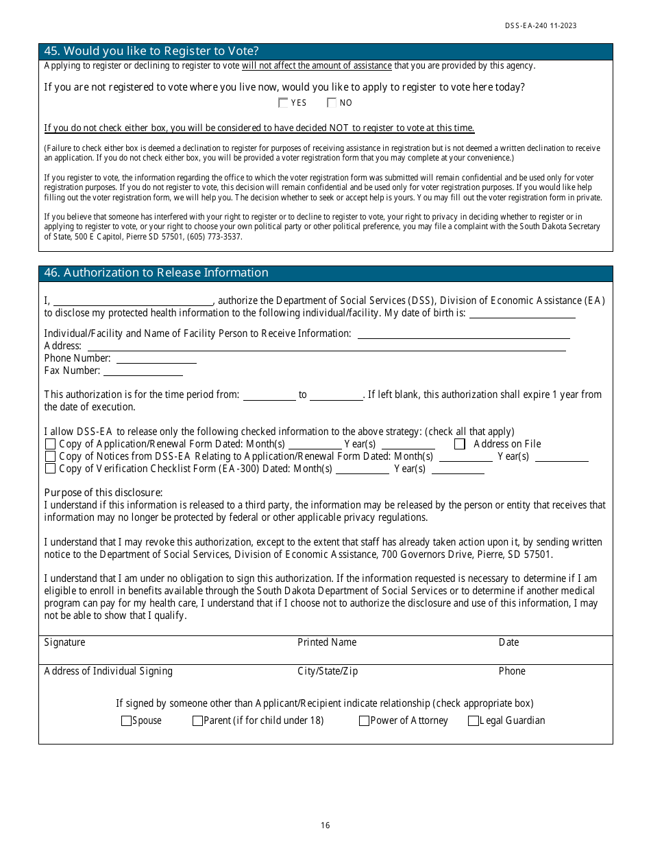 Form DSS-EA-240 Application for Resource Assessment, Long-Term Care, or Other Related Medical Assistance - South Dakota, Page 16