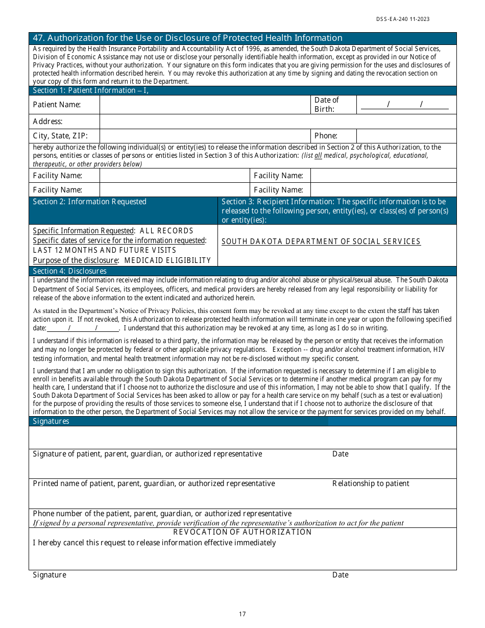 Form DSS-EA-240 Application for Resource Assessment, Long-Term Care, or Other Related Medical Assistance - South Dakota, Page 17