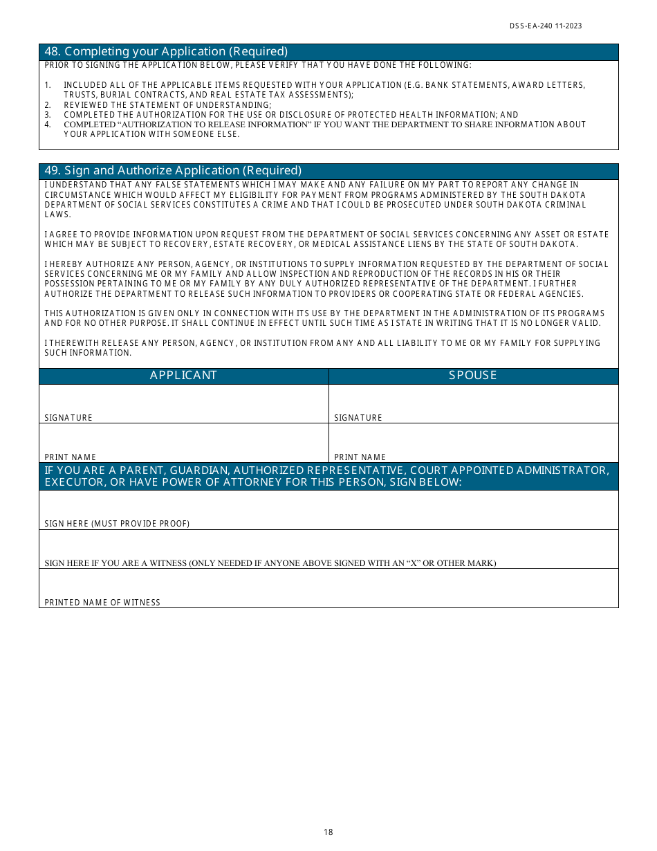 Form DSS-EA-240 Application for Resource Assessment, Long-Term Care, or Other Related Medical Assistance - South Dakota, Page 18