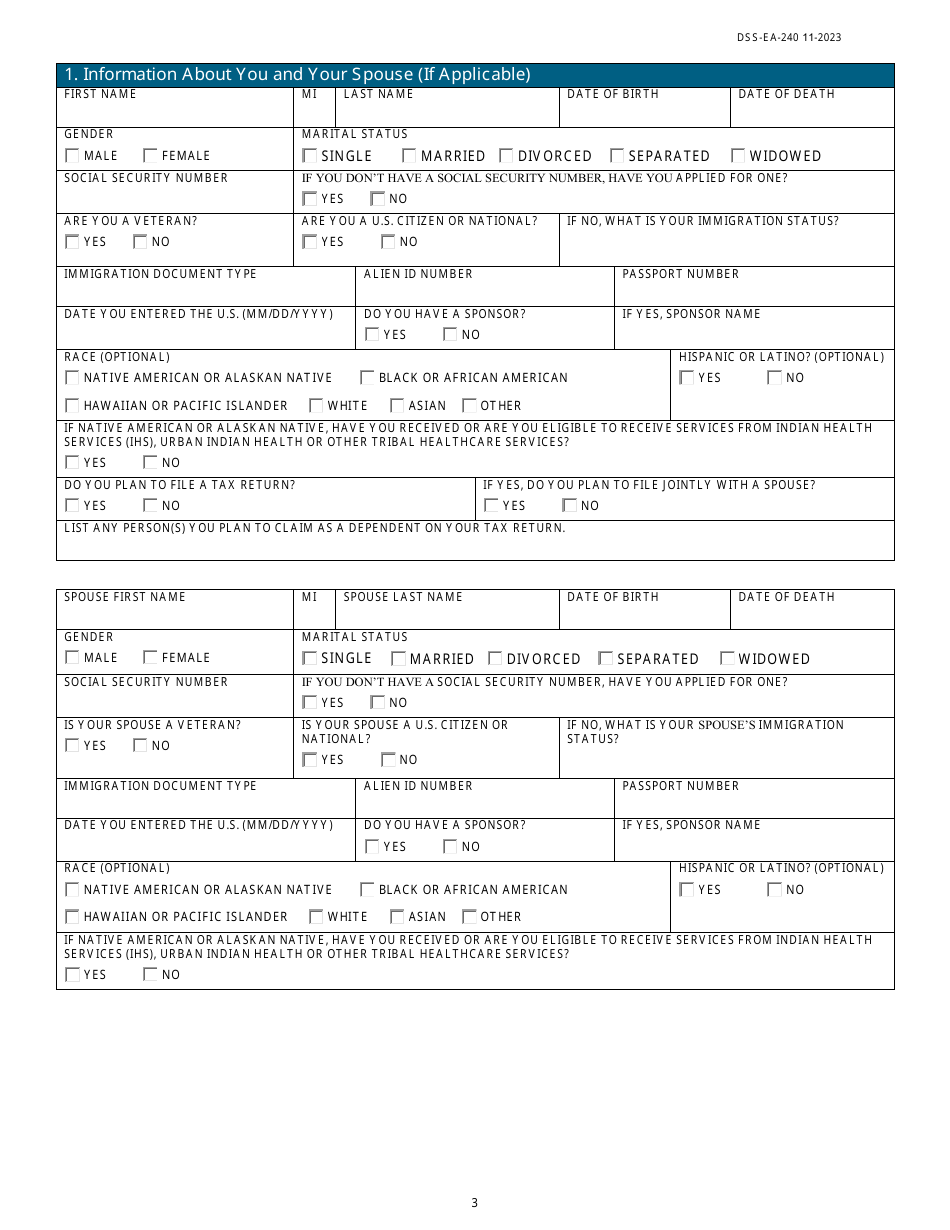 Form DSS-EA-240 Application for Resource Assessment, Long-Term Care, or Other Related Medical Assistance - South Dakota, Page 3