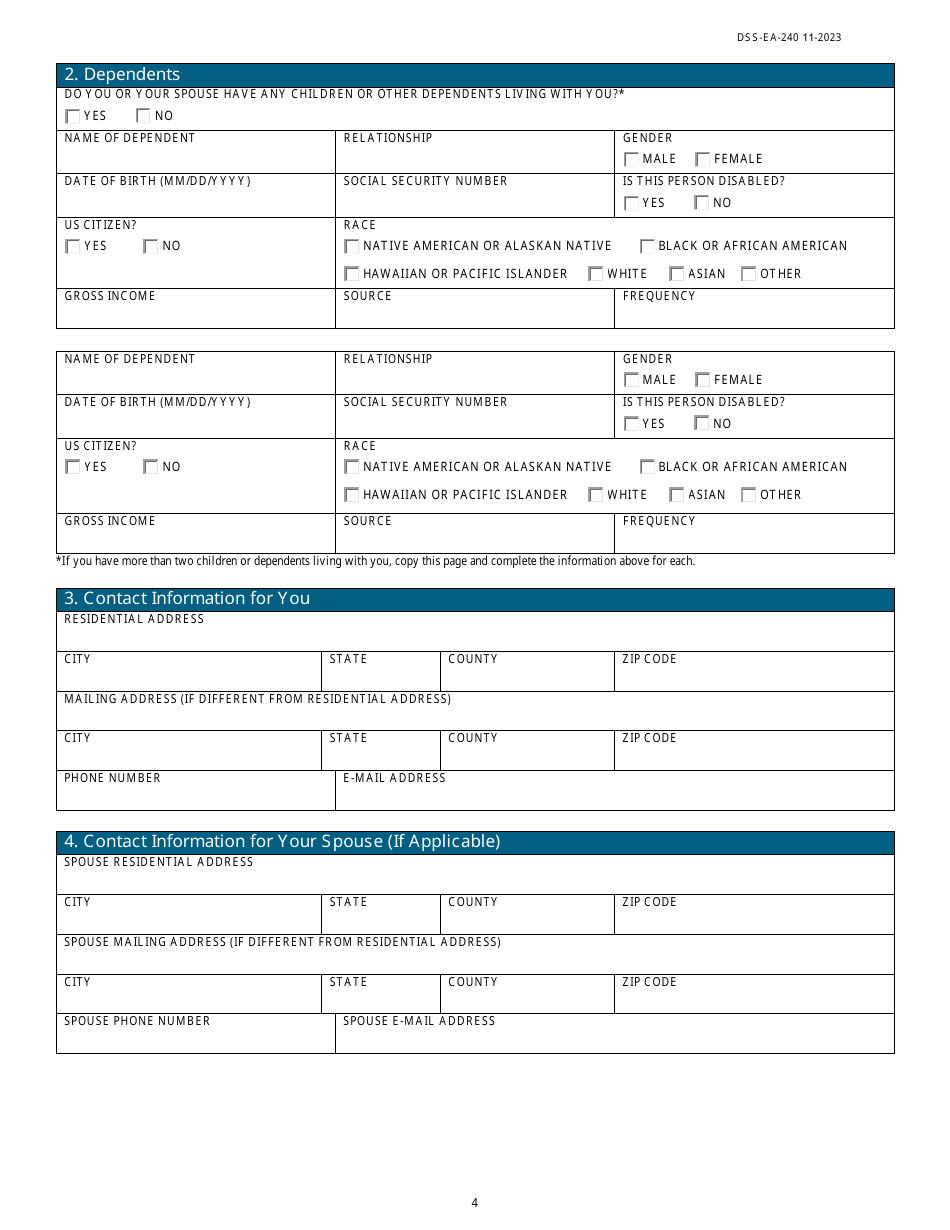 Form DSS-EA-240 Application for Resource Assessment, Long-Term Care, or Other Related Medical Assistance - South Dakota, Page 4