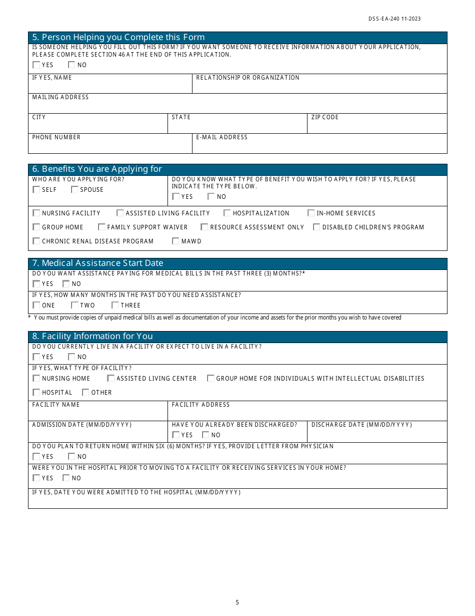 Form DSS-EA-240 Application for Resource Assessment, Long-Term Care, or Other Related Medical Assistance - South Dakota, Page 5