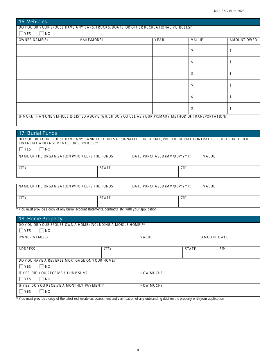 Form DSS-EA-240 Application for Resource Assessment, Long-Term Care, or Other Related Medical Assistance - South Dakota, Page 8