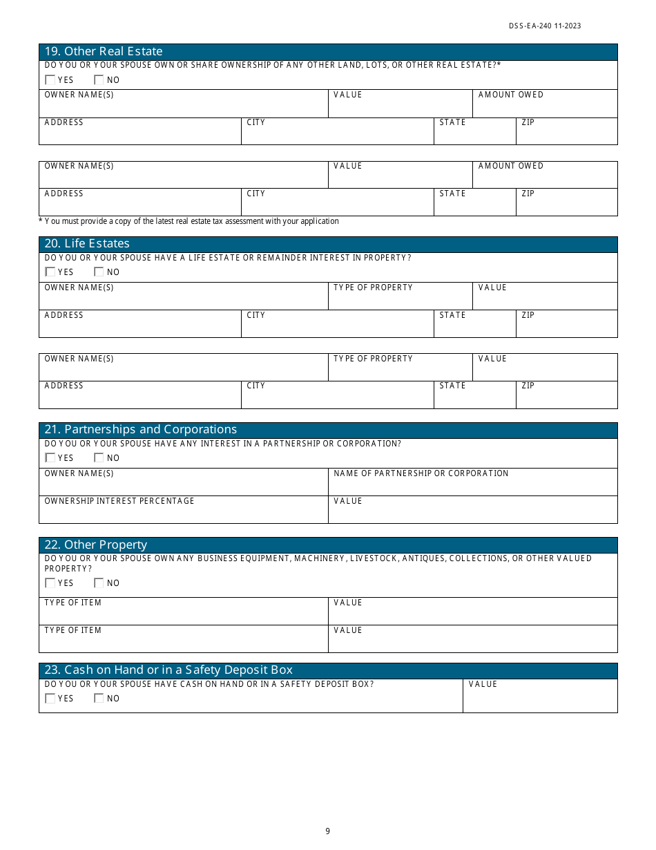 Form DSS-EA-240 Application for Resource Assessment, Long-Term Care, or Other Related Medical Assistance - South Dakota, Page 9