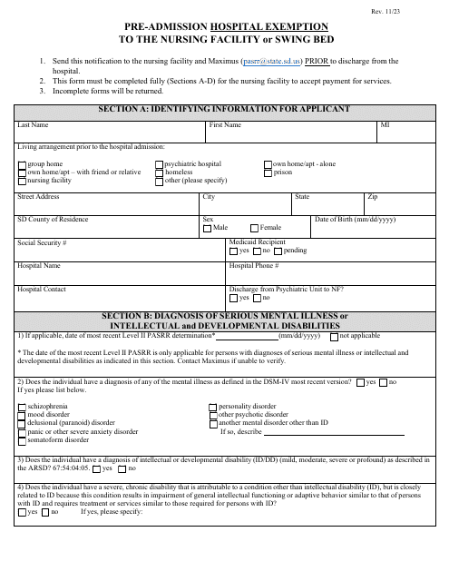 Form MS-131 Pre-admission Hospital Exemption to the Nursing Facility or Swing Bed - South Dakota