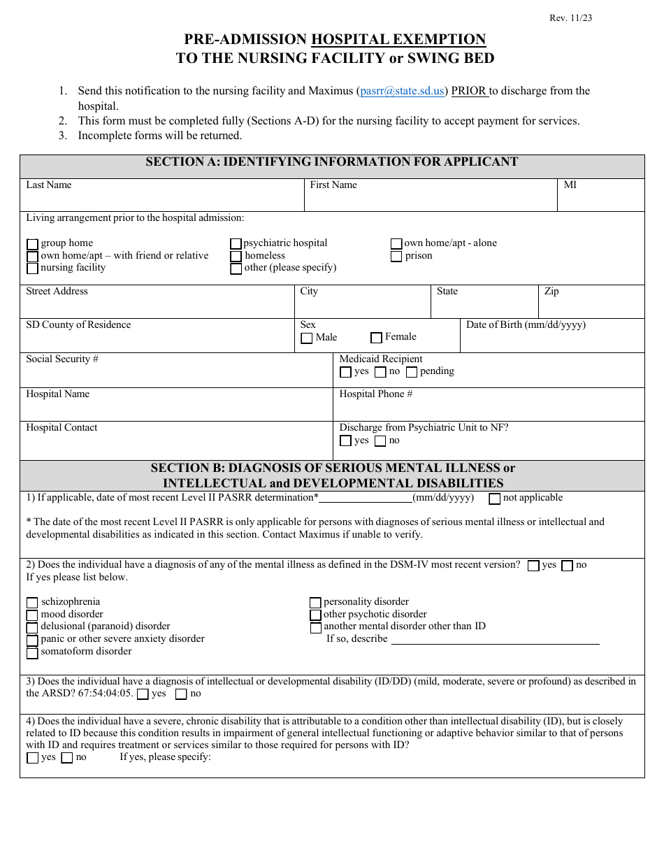 Form MS-131 Pre-admission Hospital Exemption to the Nursing Facility or Swing Bed - South Dakota, Page 1