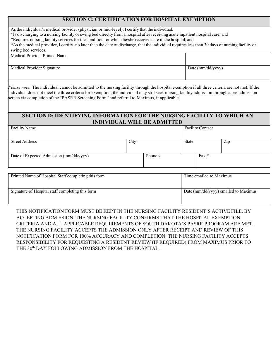 Form MS-131 Pre-admission Hospital Exemption to the Nursing Facility or Swing Bed - South Dakota, Page 2