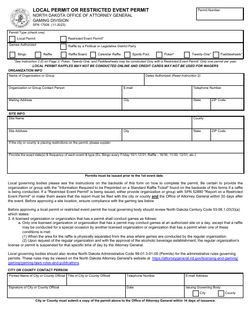 Form SFN17926 Local Permit or Restricted Event Permit - North Dakota