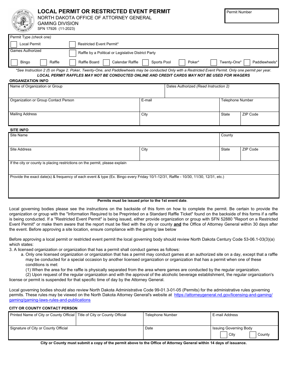 Form SFN17926 Local Permit or Restricted Event Permit - North Dakota, Page 1