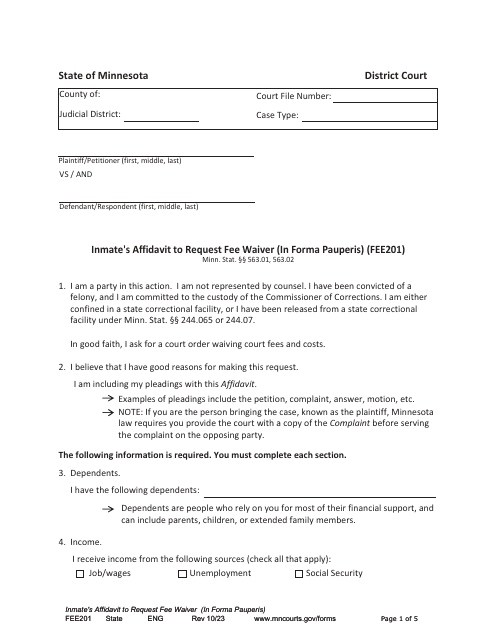 Form FEE201 Inmate's Affidavit to Request Fee Waiver (In Forma Pauperis) - Minnesota
