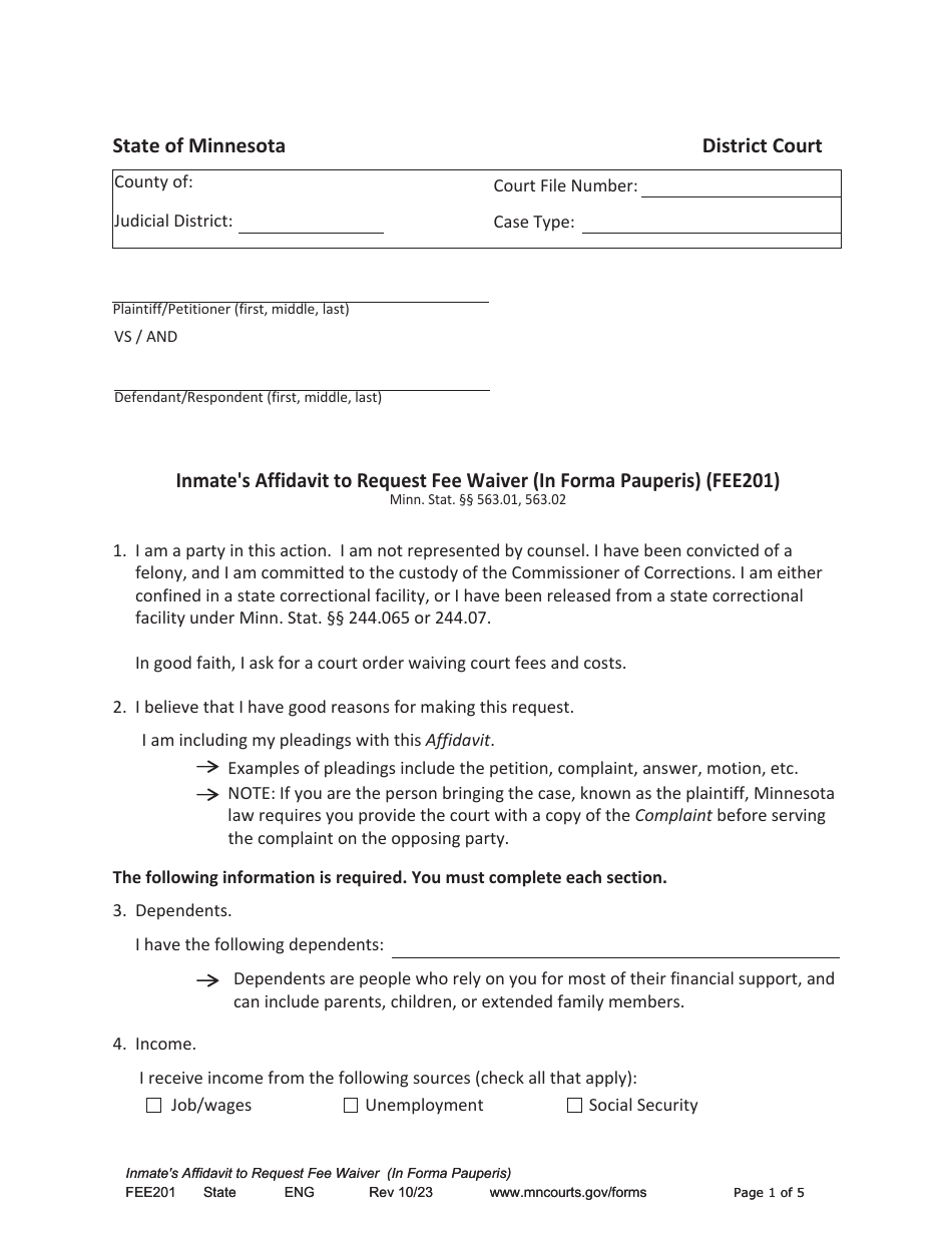 Form FEE201 Inmates Affidavit to Request Fee Waiver (In Forma Pauperis) - Minnesota, Page 1