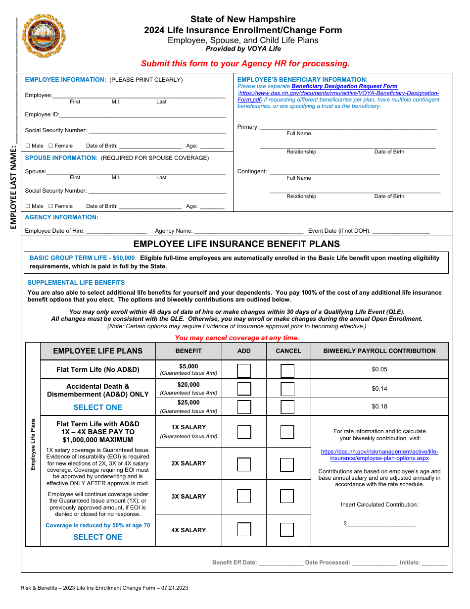 Voya Life Insurance Enrollment / Change Form - New Hampshire, Page 1
