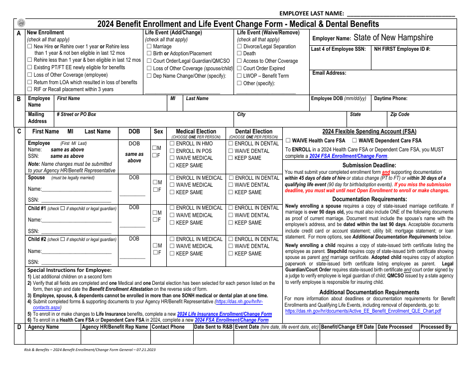 2024 New Hampshire Benefit Enrollment and Life Event Change Form