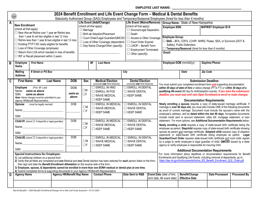 Benefit Enrollment and Life Event Change Form - Medical & Dental Benefits - Statutorily Authorized Group (Sag) Employees and Temporary / Seasonal Employees (Hired for Less Than 6 Months) - New Hampshire Download Pdf