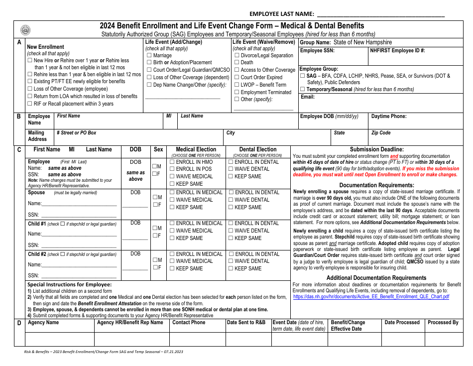 Benefit Enrollment and Life Event Change Form - Medical  Dental Benefits - Statutorily Authorized Group (Sag) Employees and Temporary / Seasonal Employees (Hired for Less Than 6 Months) - New Hampshire, Page 1
