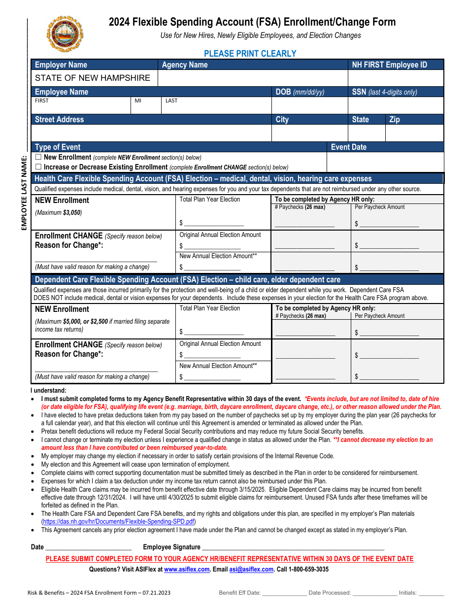 2024 New Hampshire Flexible Spending Account (FSA) Enrollment/Change