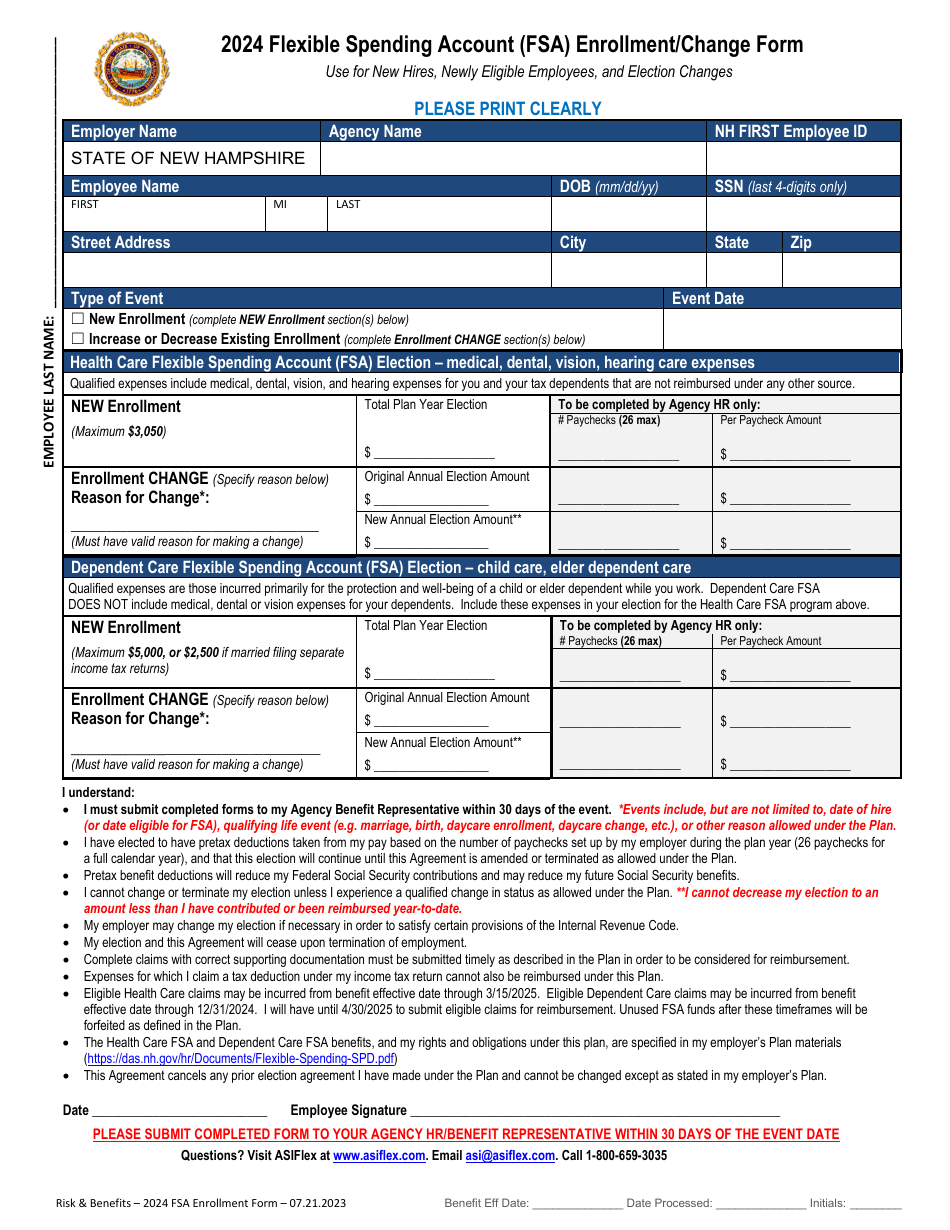Flexible Spending Account (FSA) Enrollment / Change Form - New Hampshire, Page 1