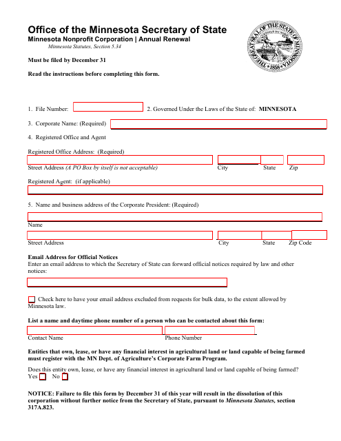 Minnesota Nonprofit Corporation Annual Renewal - Minnesota Download Pdf