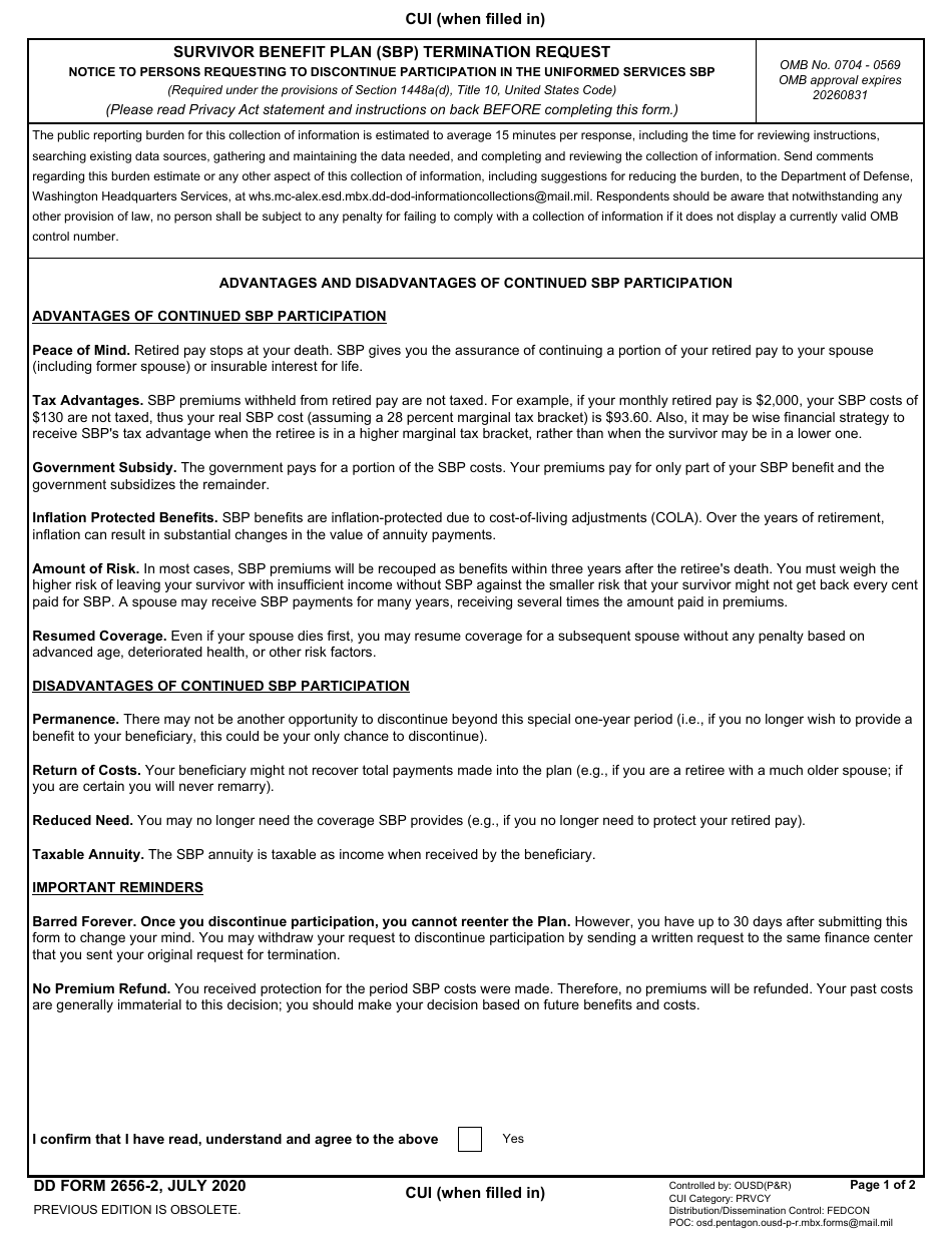 DD Form 2656-2 Survivor Benefit Plan (SBP) Termination Request, Page 1