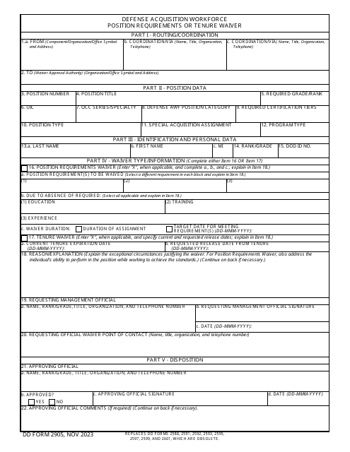 DD Form 2905 Defense Acquisition Workforce Position Requirements or Tenure Waiver