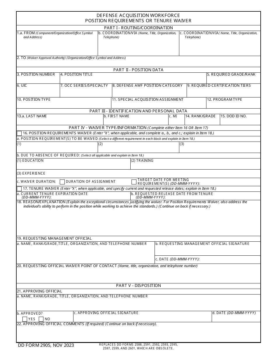 DD Form 2905 Defense Acquisition Workforce Position Requirements or Tenure Waiver, Page 1