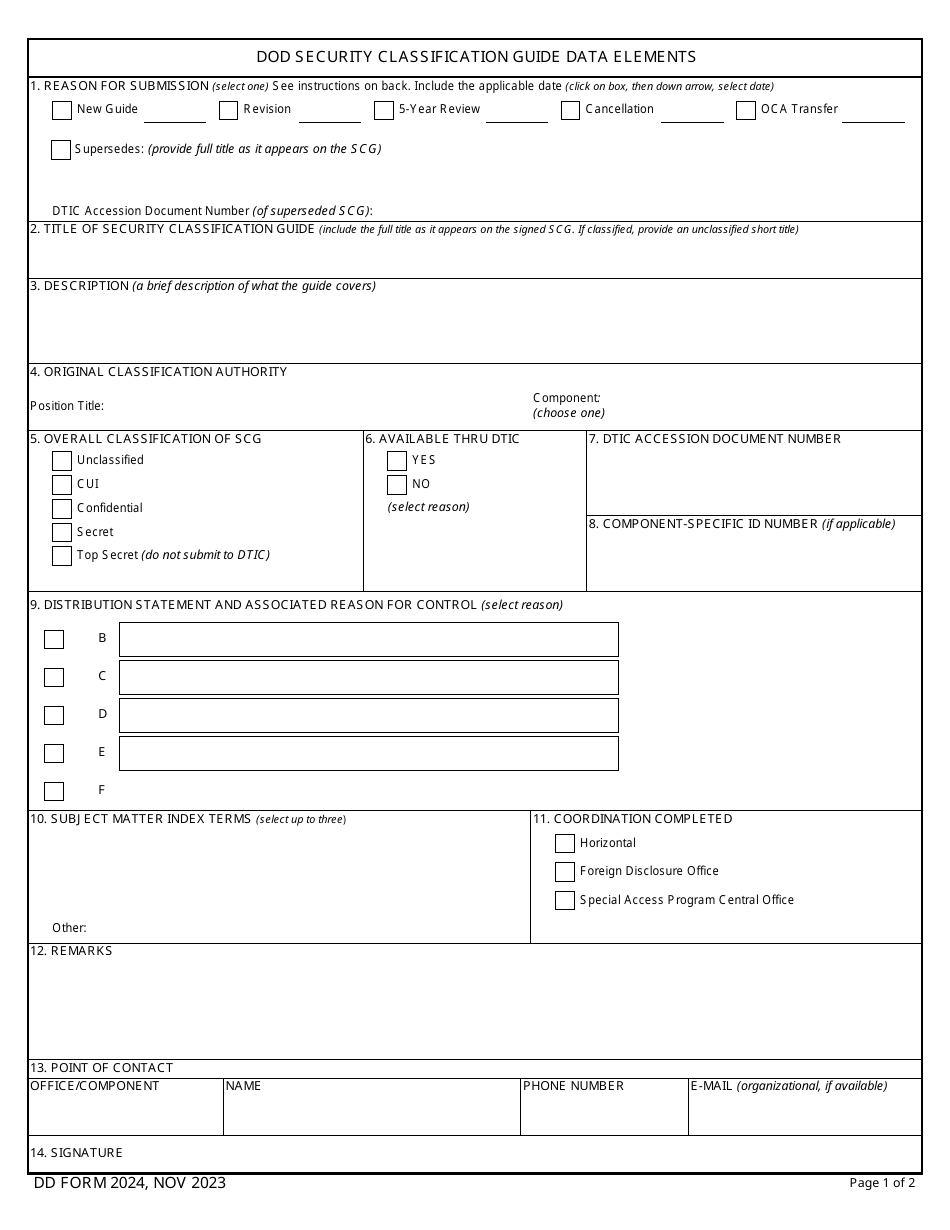 DD Form 2024 DoD Security Classification Guide Data Elements, Page 1