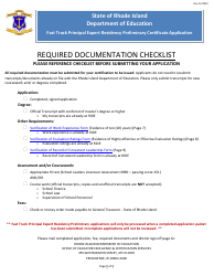 Fast Track Principal Expert Residency Preliminary Certificate Application Form - Rhode Island