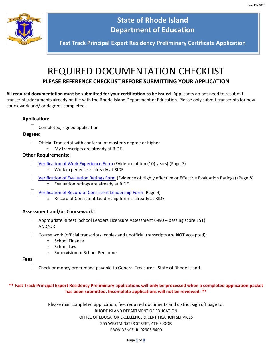 Fast Track Principal Expert Residency Preliminary Certificate Application Form - Rhode Island, Page 1